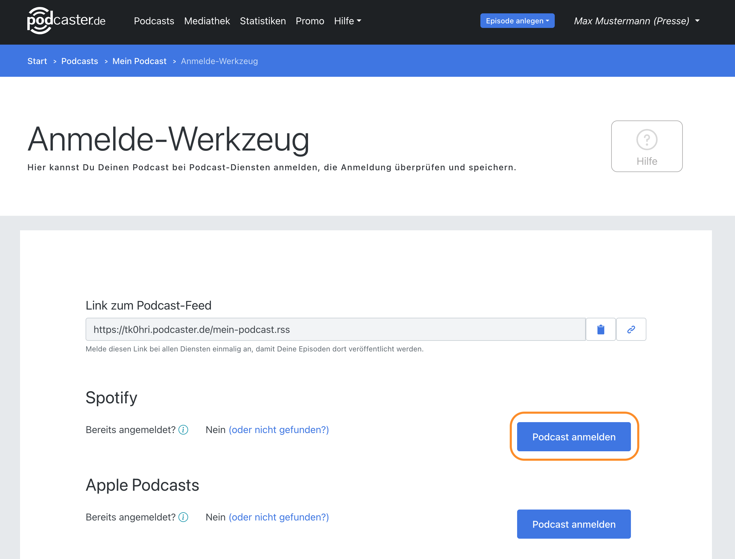 Podcast-Kanal über das Anmelde-Werkzeug bei Spotify veröffentlichen